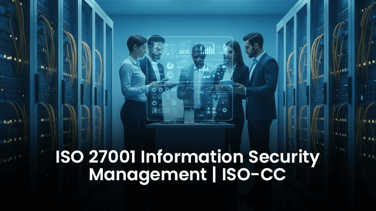 Professionals reviewing digital security dashboards in a data center, illustrating ISO 27001 information security management.